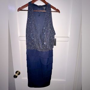 ENFOCUS Navy Blue Sequin Party Dress - Sexy V front top, pleated bottom - 14W